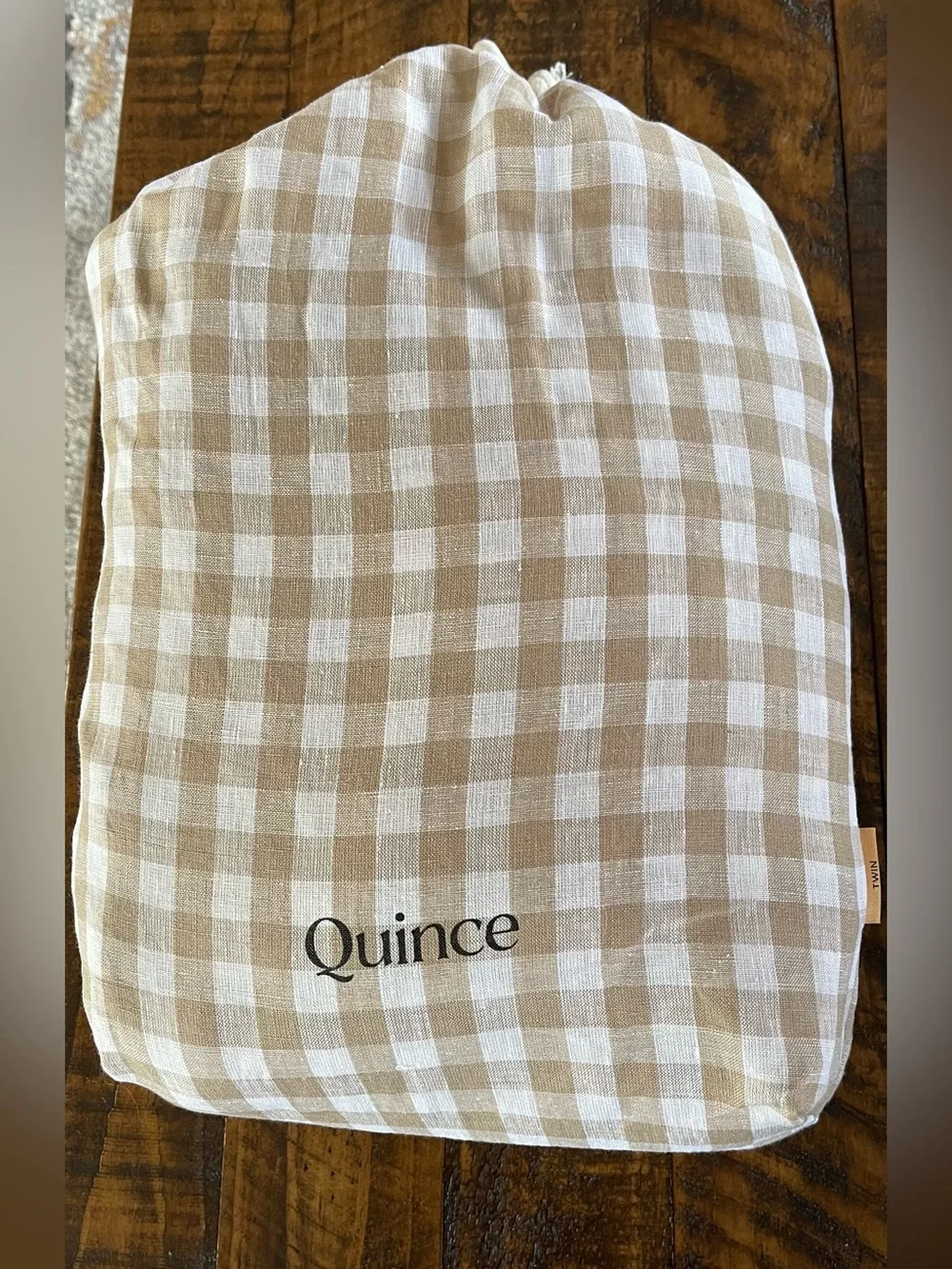 Quince European Linen 2 Piece Gingham Duvet Cover Set, Twin (Cafe/White)